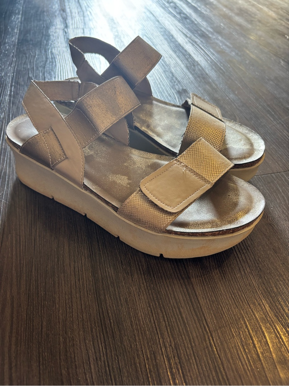 Pierre Dumas Metallic Taupe Platform Sandals with Velcro Straps